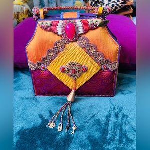 Vintage Mary Francis purse. Orange & Purple silk w/jewel handle, snap tab close